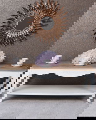 Masa de living din lemn masiv alb cu blat bej