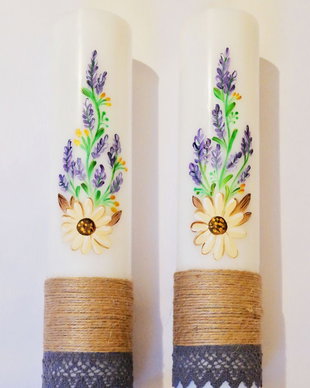 Lumanari pictate manual cu flori de Lavanda
