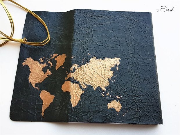 Jurnal (mare) de călătorie cu harta lumii -BRONZ- Jurnal de călătorie cu copertă de piele naturală verde închis