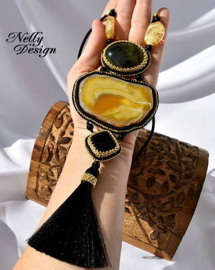 "Black & Honey" - Colier cu agata, lampwork, onix