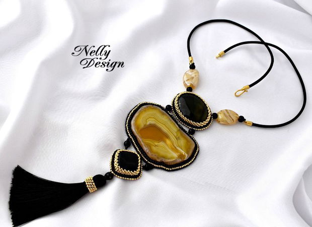 "Black & Honey" - Colier cu agata, lampwork, onix