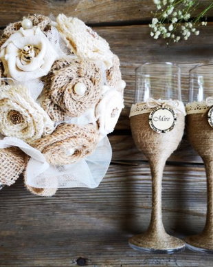 Set buchet mireasa & pahare rustice