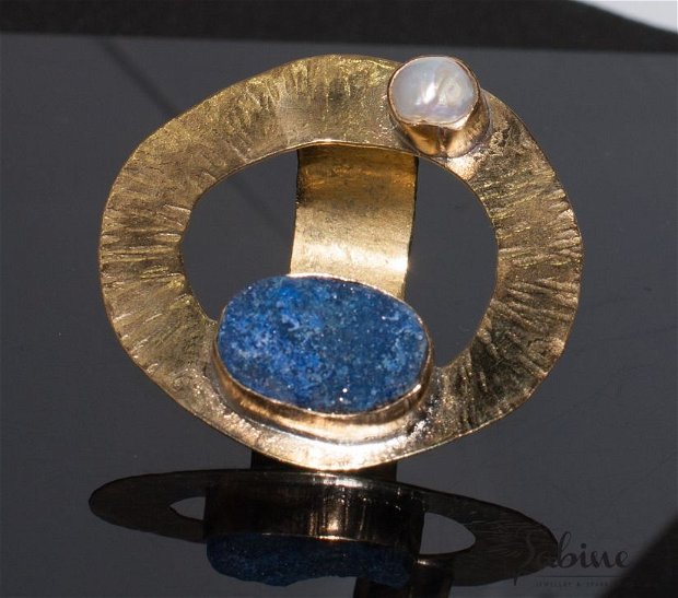 Inel alama, cuarţ druzy colorat şi perlă de cultură, inel rotund, inel mare, inel cerc