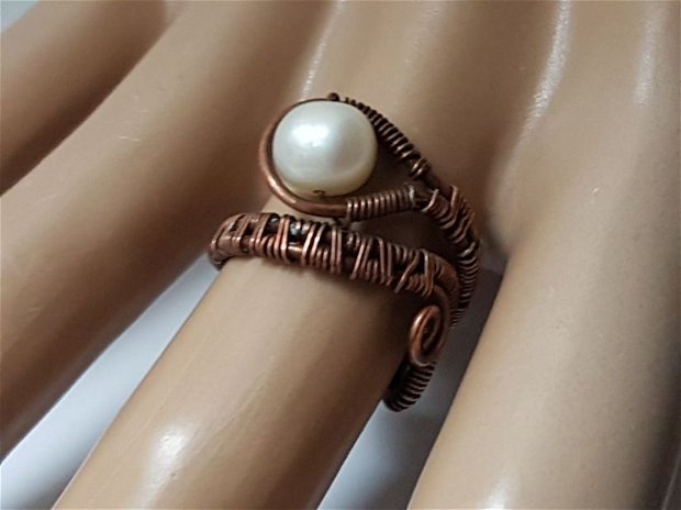 Inel de cupru adjustabil,Inel de cupru cu perla naturala , inel lucrat manual.