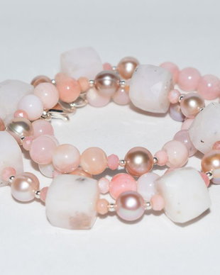 Colier opal roz, perle de cultura si argint