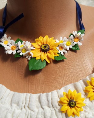 Set colier si cercei cu floarea soarelui si romanita