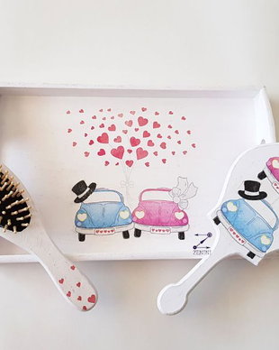 Set mireasa masini, set gatitul miresei, set perie si oglinda, set tava mireasa, set nunta, set shabby chic, tava mireasa, set mireasa inimioare