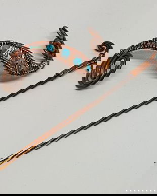 Ac pentru coc, Accesoriu lucrat manual, Ac pentru par din cupru si turcoaz, Brose handmade.