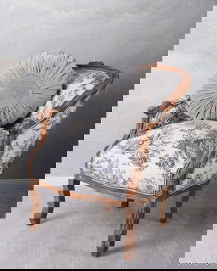 Fotoliu din lemn masiv mahon cu tapiterie alb cu albastru