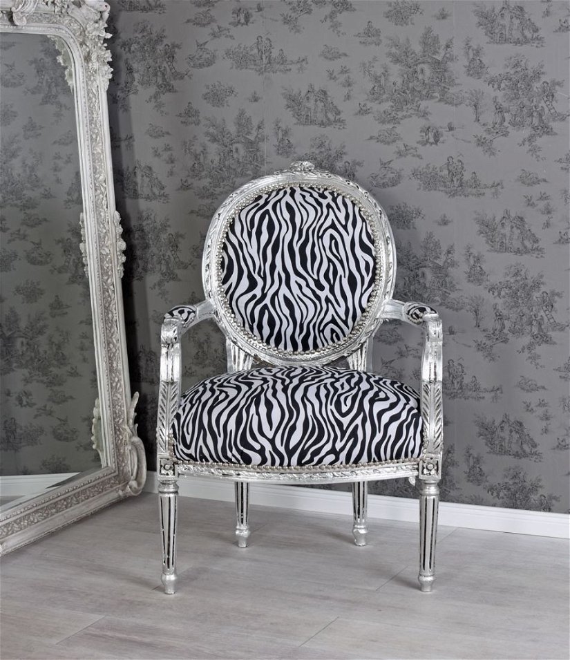 Semifotoliu din lemn masiv argintiu cu tapiterie zebra