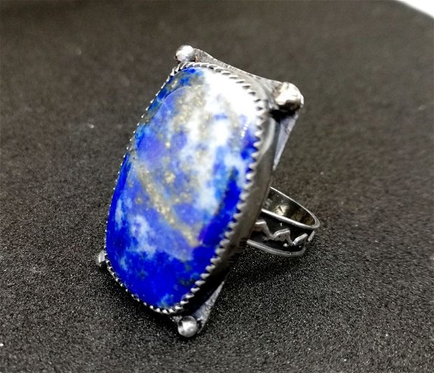 Inel argint 925 cu pirita in lapis lazuli, fatetat, natural, inel organic, inel brut, inel statement