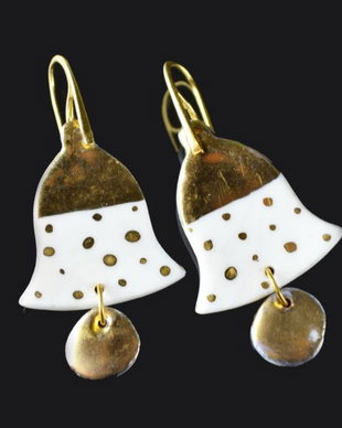 Cercei din portelan pictati cu luster de aur si tortite din argint placate cu aur de 14 K - WIND CHIMES