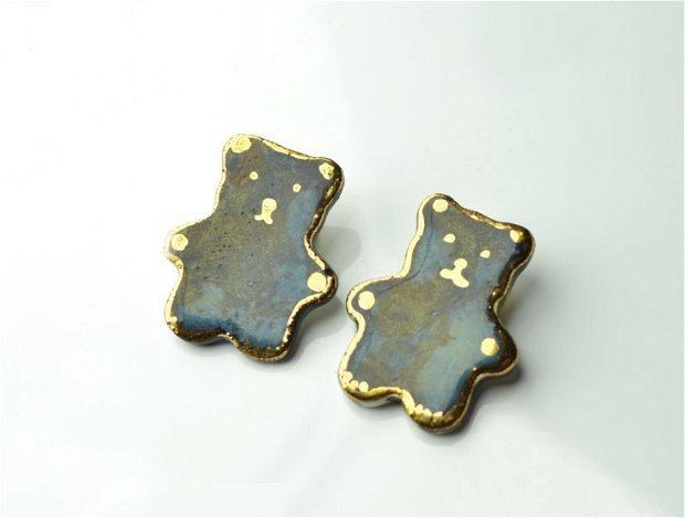 Cercei din portelan, glazura albastra cu efecte, pictati cu aur lichid si tortite din argint i925 - PAPA BEAR & MAMA BEAR