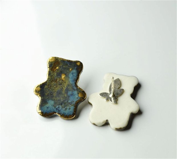 Cercei din portelan, glazura albastra cu efecte, pictati cu aur lichid si tortite din argint i925 - PAPA BEAR & MAMA BEAR