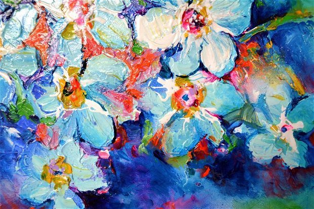 Tablou Flori Albastre Pictat Manual pe Lemn 40x30x4 cm