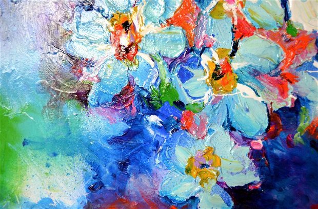 Tablou Flori Albastre Pictat Manual pe Lemn 40x30x4 cm