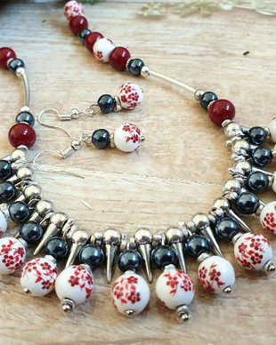 Set/colier si cercei/ceramica cu flori rosii