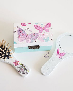 Set perie oglinda si cutiuta cu fluturi, set fluturi, set fetita, fluturi fetita