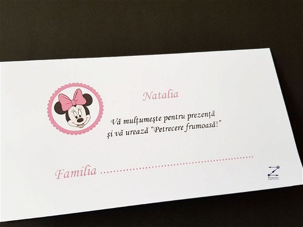 Placecard Minnie Mouse, plic bani Minnie, placecard Minnie, plic bani botez fetita