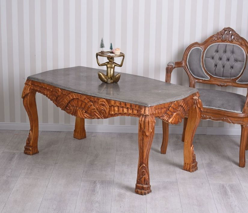 Masa din lemn masiv cu decoratiuni si blat din marmura
