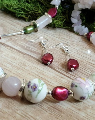 Set/colier si cercei/ceramica cu perle de cultura/pastel de vara