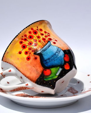 Ceasca cu Farfurie - Nature & Colors Collection/Portelan pictat/Cafea si ceai savuros/Familie/Cadou Aniversare/Boho Chic/Creatie Unicat