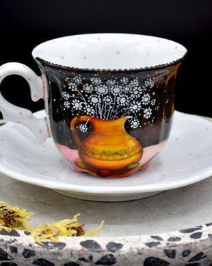 Ceasca cu Farfurie - Nature & Colors Collection/Portelan pictat/Cafea si ceai savuros/Familie/Cadou Aniversare/Boho Chic/Creatie Unicat