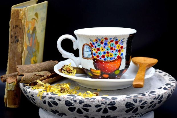 Ceasca cu Farfurie - Nature & Colors Collection/Portelan pictat/Cafea si ceai savuros/Familie/Cadou Aniversare/Boho Chic/Creatie Unicat