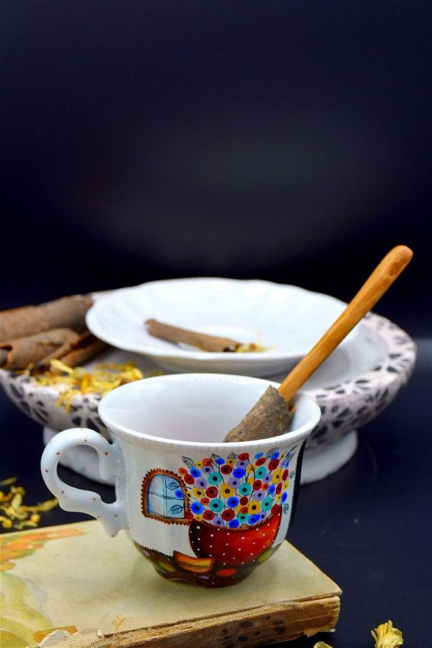 Ceasca cu Farfurie - Nature & Colors Collection/Portelan pictat/Cafea si ceai savuros/Familie/Cadou Aniversare/Boho Chic/Creatie Unicat