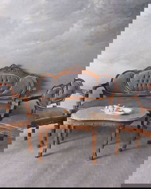 Set baroc din lemn mahon cu tapiterie gri soarece