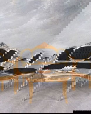 Set baroc din lemn auriu cu tapiterie neagra