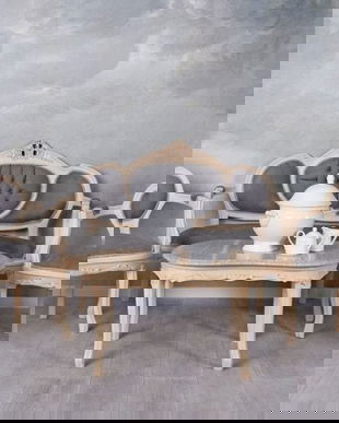 Set baroc din lemn alb cu tapiterie gri soarece