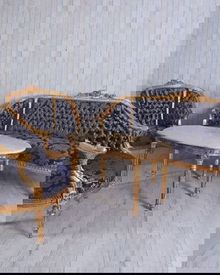 Set baroc din lemn masiv auriu cu tapiterie din matase albastra