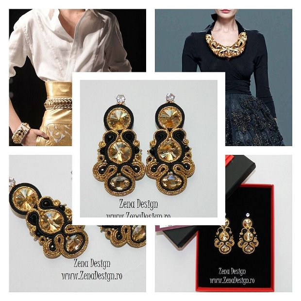 Cercei de seara auriu cu negru, cercei aurii eleganti, cercei negru cu auriu, cercei haute couture unicat
