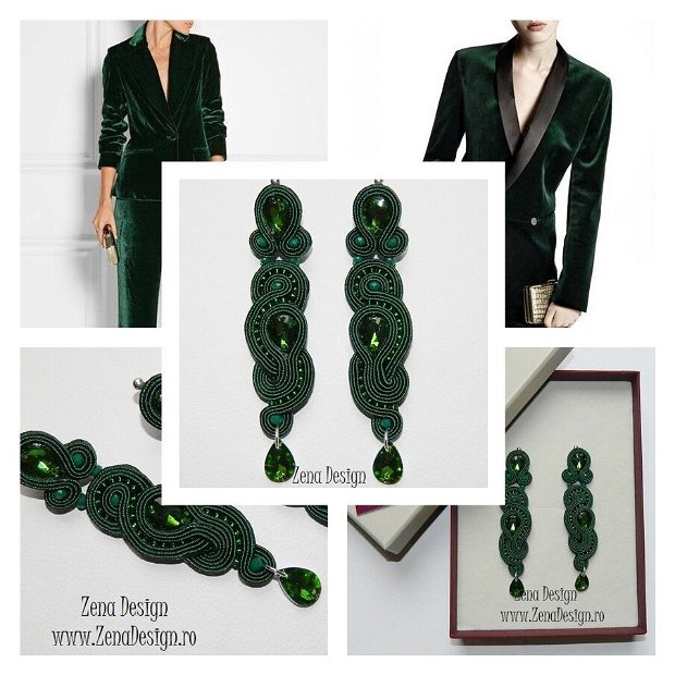 Cercei eleganti verde emerald, cercei lungi cu cristale, cercei eleganţi cu cristale, cercei de seară, cercei soutache unicat
