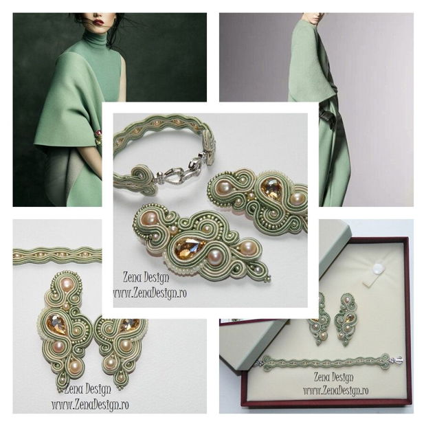 Set bijuterii verde "ou de rata" si ivory, Set bratara şi cercei statement, bijuterii elegante cu perle ivory, bijuterii haute couture unicat