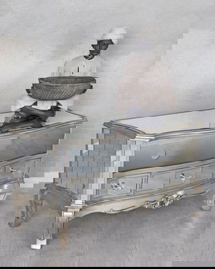 Consola TV din lemn masiv argintiu cu oglinda