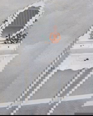 Masa de toaleta din lemn masiv alb cu oglinda