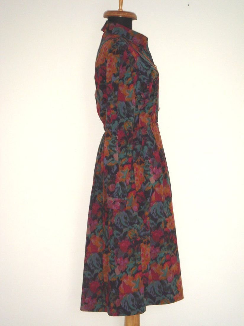 PETER HAHN - Rochie vintage, din stofa fina de lana, cu imprimeu floral colorat
