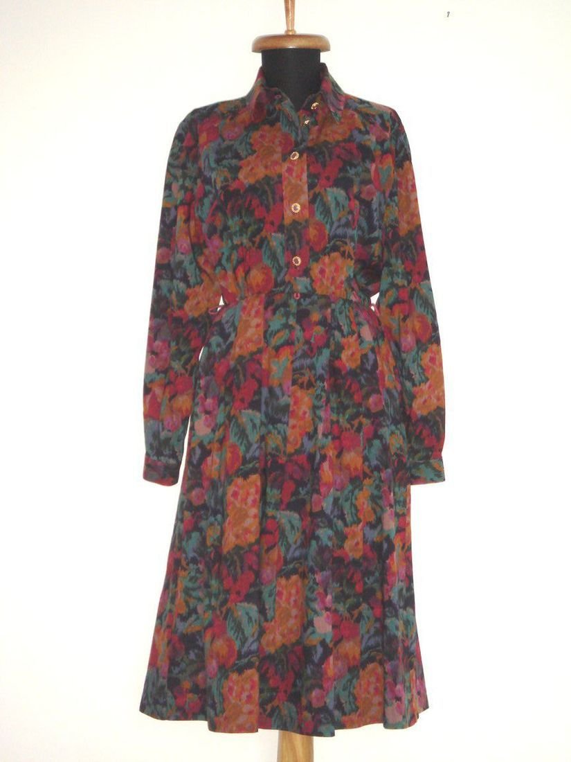 PETER HAHN - Rochie vintage, din stofa fina de lana, cu imprimeu floral colorat