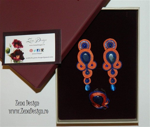 Set bijuterii portocalii: cercei lungi portocaliu cu albastru si inel asortat, cercei si inel cu Lapis Lazuli, bijuteri statement unicat