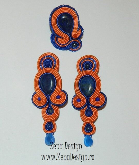 Set bijuterii portocalii: cercei lungi portocaliu cu albastru si inel asortat, cercei si inel cu Lapis Lazuli, bijuteri statement unicat