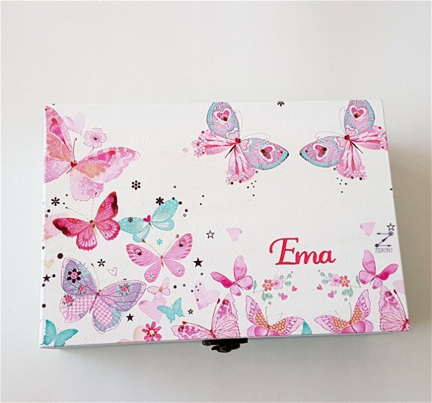 Cutie bijuterii fluturi, cutie fluturi, cutie roz, cutie compartimentata