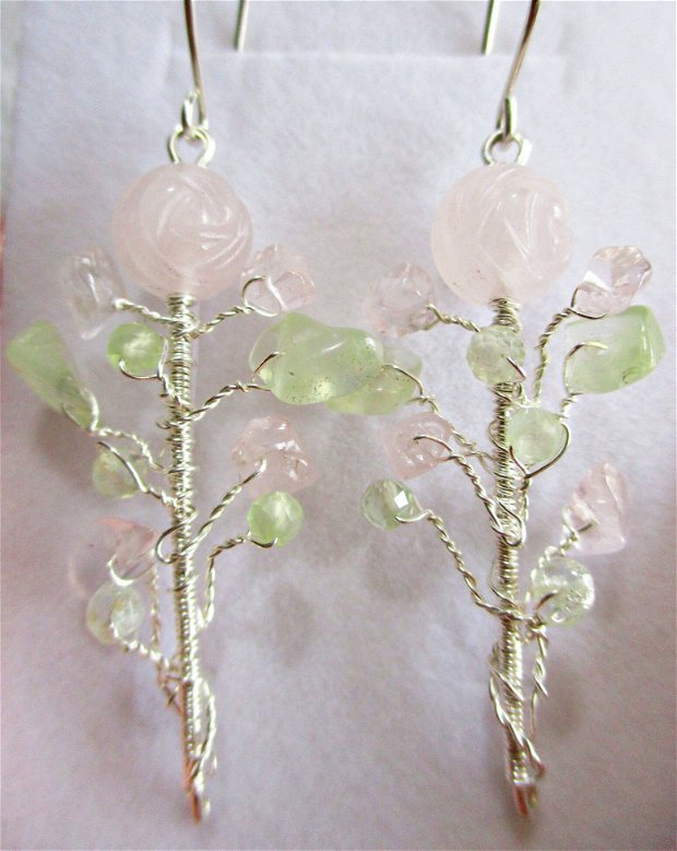 Vanduti - Cercei argint, prehnit si cuart rose "Tulpini de trandafirasi"
