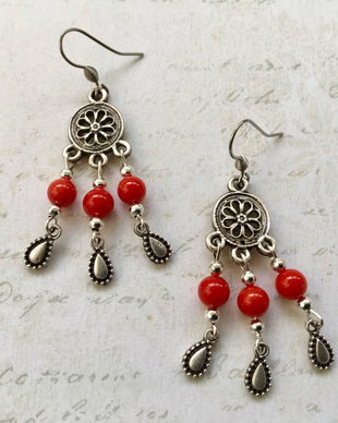 cercei boho zamac argintat & coral rosu