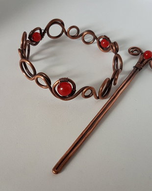 Accesoriu pentru par ,Accesoriu par cu carnelian,Bratara pentru par din cupru.