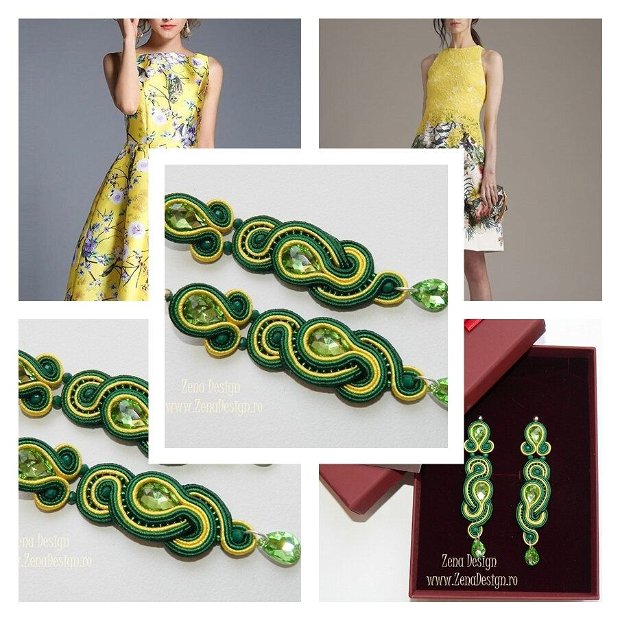 Cercei eleganti verde emerald cu galben, cercei lungi cu cristale, cercei eleganţi cu cristale, cercei de seară, cercei soutache unicat