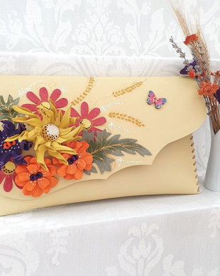 Poseta plic handmade unicat din piele naturala - Summer Rainbow Flowers
