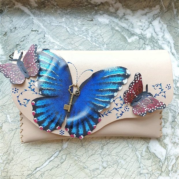 poseta plic handmade unicat din piele - A Handful of Butterflies2