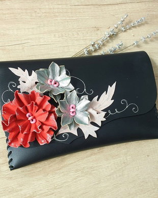 poseta plic handmade unicat din piele - Silver and red